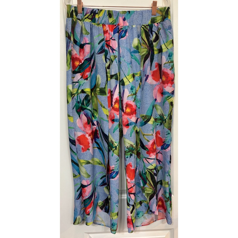 Spin Tropical Floral Wide Leg Pants Blue Red Green 1XL Vacation Flowy
